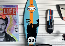 Gulf Racing decorative surfboard Steve McQueen tribute by Guillaume and Anthony