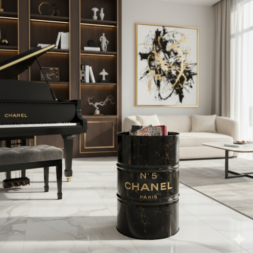 Black marbled Chanel No 5 drum art piece in a luxury music lounge with a grand piano.