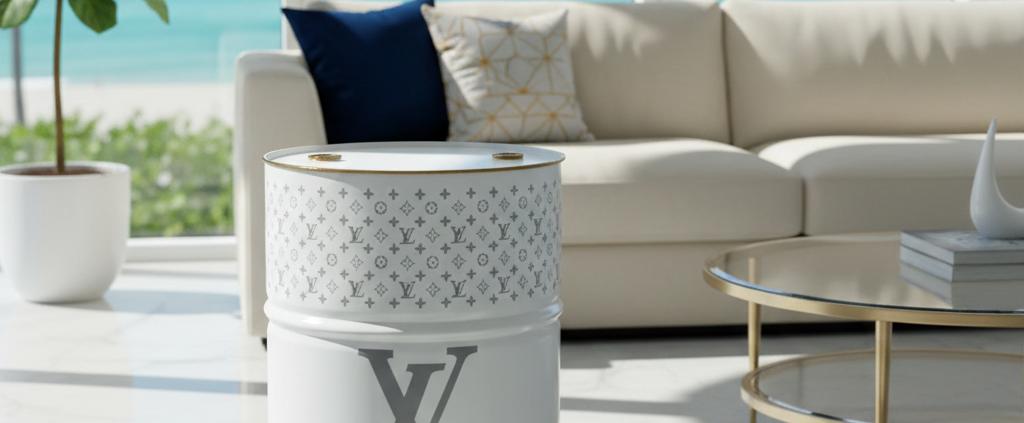 White Louis Vuitton Drum in a luxury Palm Beach living room overlooking the ocean
