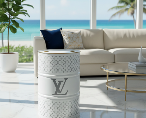 White Louis Vuitton Drum in a luxury Palm Beach living room overlooking the ocean