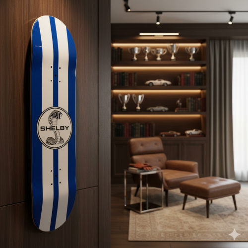 Hand-painted Shelby Cobra racing stripe skateboard mounted on a wood wall in a luxury home office study
