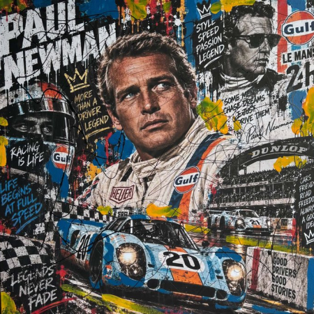 Original pop art mixed media canvas by Thierry Auger featuring Paul Newman and a Gulf Porsche racing car.
